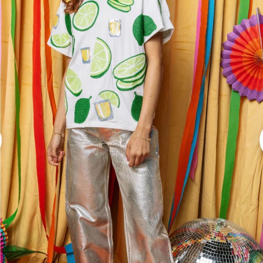🍋‍🟩NWOT Queen Of Sparkles XS Sequined Lime And Tequila Tee - Picture 9 of 11